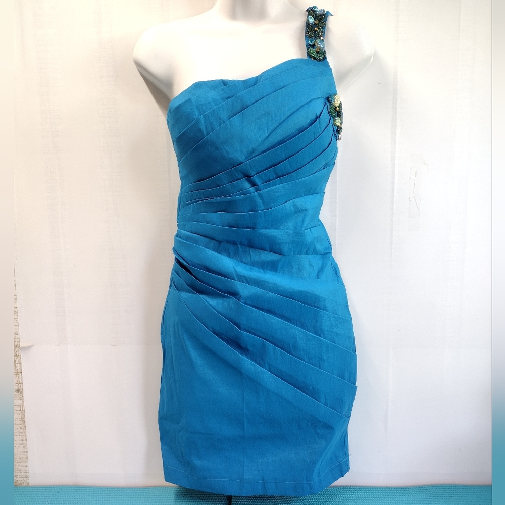 NWT Katia One Shoulder Rhinestone Blue Bodycon Mini Dress Lined - Stretch - S